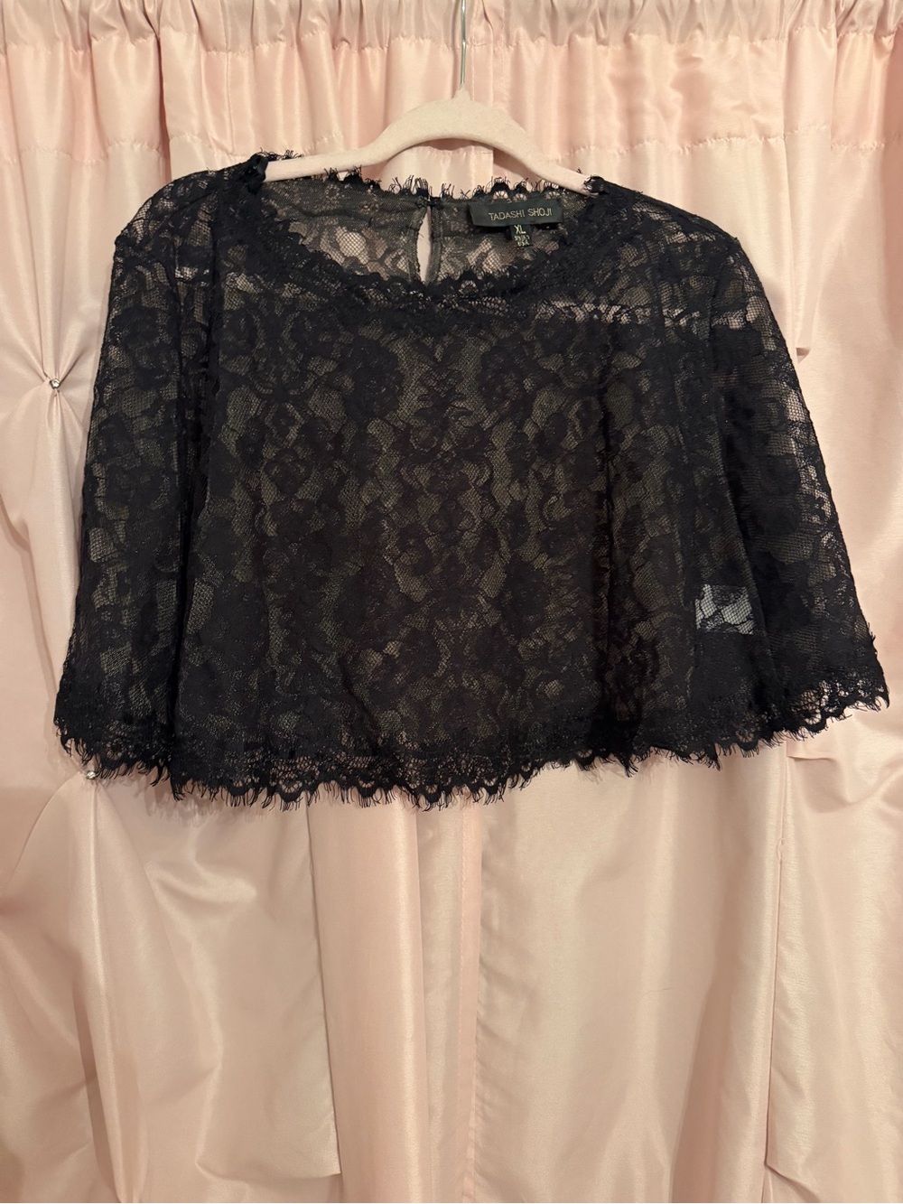 Tadashi shoji black capelet mini cape cotton blend eyelet scallop lace